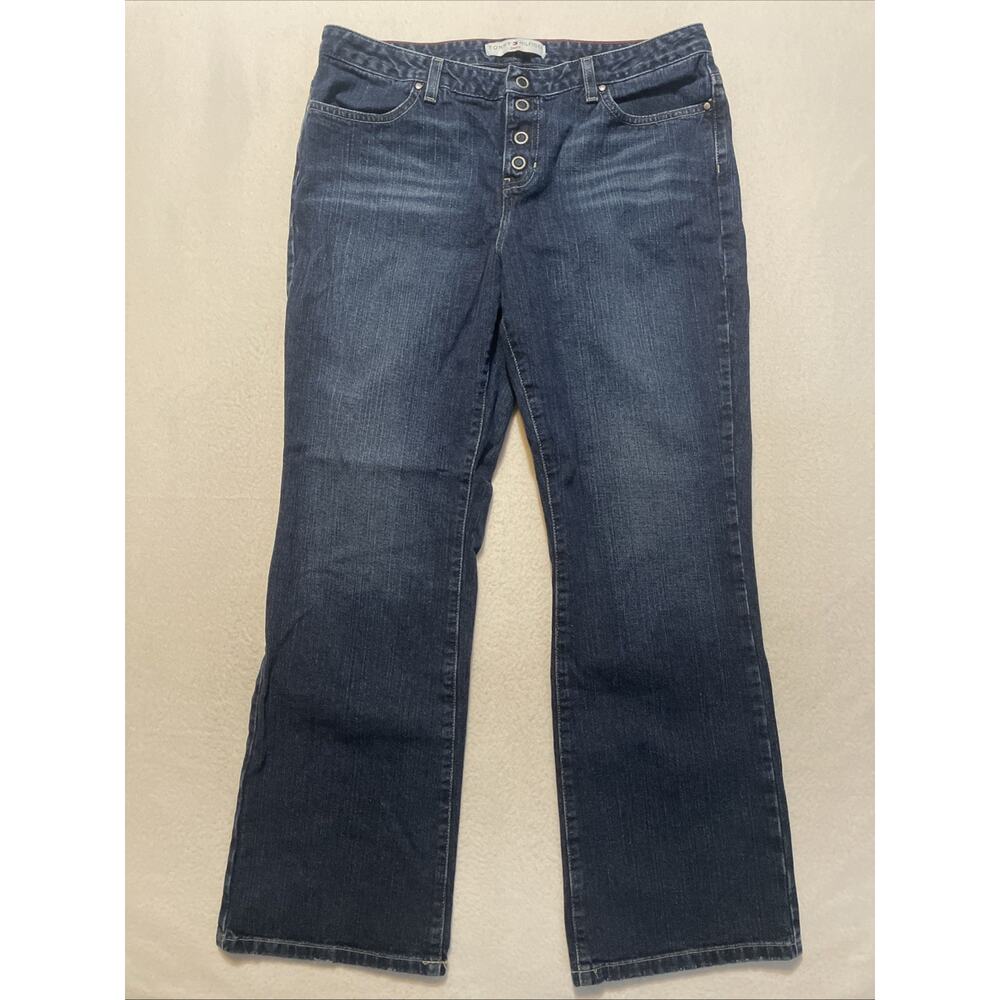 Vintage Y2K Tommy Jeans Hilfiger Women’s Wide Leg Dark Wash Denim 14 Button Fly